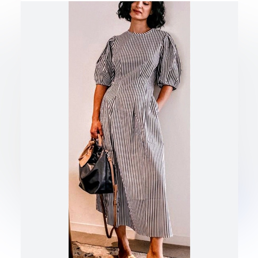 NWT Who What Wear Striped Puff Balloon Sleeve Dress black and white